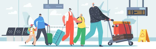 Familie Reizen met Kinderen. Ouders en kinderen in de luchthaven duwen kar met bagage. Karakters in Maskers Zomer Vakantie — Stockvector