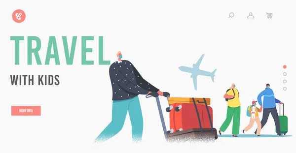 Family Travel with Children Landing Page Template. Rodiče a děti na letišti se zavazadlovým lístkem na dovolenou — Stockový vektor