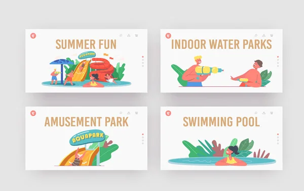 Summer Fun Landing Page Template Set. Kids Characters in Aquapark, Amusement Park with Water Attractions — Stock Vector