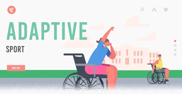 Adaptive Sport Landing Page Template. Niños con discapacidad en silla de ruedas jugando al baloncesto. Rehabilitación de discapacidades — Archivo Imágenes Vectoriales
