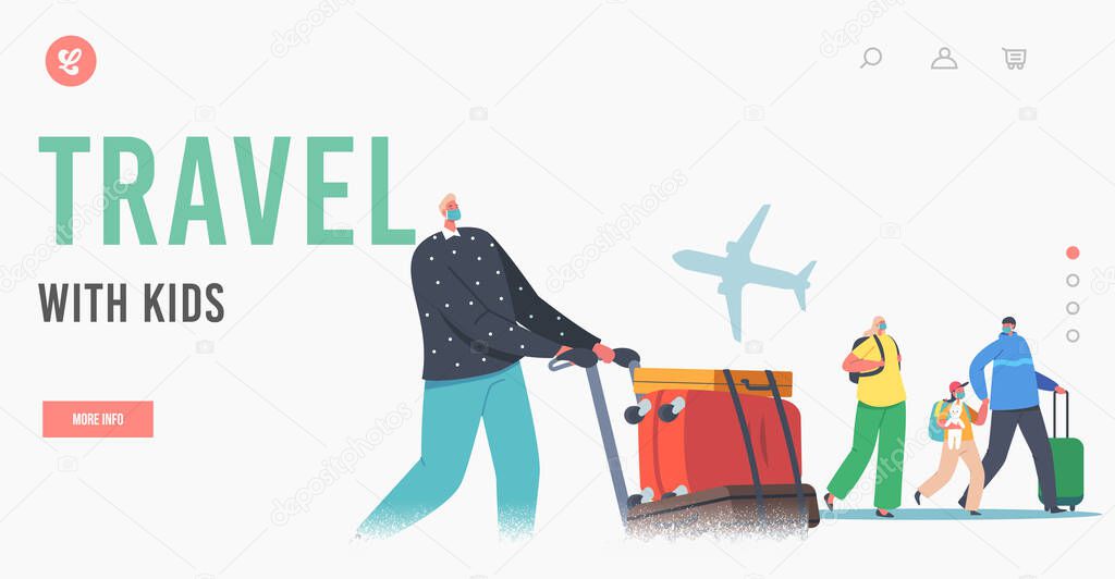 Family Travel with Children Landing Page Template. Parents and Kids in Airport with Luggage Fly for Holidays