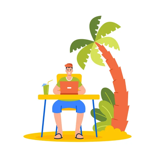 フリーランスまたは遠隔従業員カクテルとビーチで仕事をします。夏のビジネスマンキャラクターノートパソコンで座って — ストックベクタ