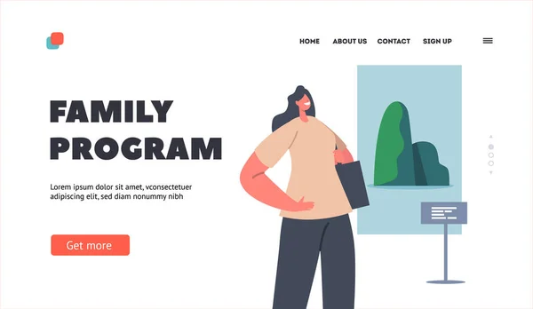 "Family Program Landing Page Template". Женский персонаж в музее с современными произведениями искусства. Женщина в художественной галерее — стоковый вектор