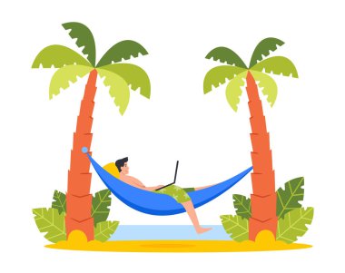 Yazın yakışıklı iş adamı, hamakta uzanmış, Palm Trees 'te dizüstü bilgisayarla çalışıyor.