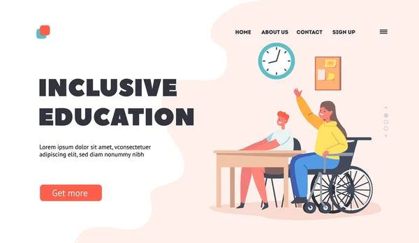 Inklusive Bildung Landing Page Template. Behinderte Mädchenfigur im Rollstuhl am Schreibtisch mit gesunder Klassenkameradin — Stockvektor