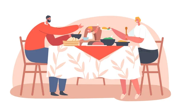 Gelukkig gezin van vader, moeder en kleine baby zittend op hoge kruk met eettafel met eten in de keuken — Stockvector