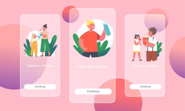 Çocuklar Temiz Su Mobil Uygulama Sayfası Ekran Şablonu 'nu İçiyor. Erkekler ve Kızlar Taze Aqua İçeceğinin ve İçeceğinin Tadını Çıkartıyor