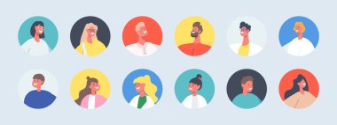 İnsan Görselleri, İzole Edilmiş Yuvarlak Simgeler. Farklı görünümlü Erkek ve Kadın Karakterler 'i. Erkekler ve Kadınlar