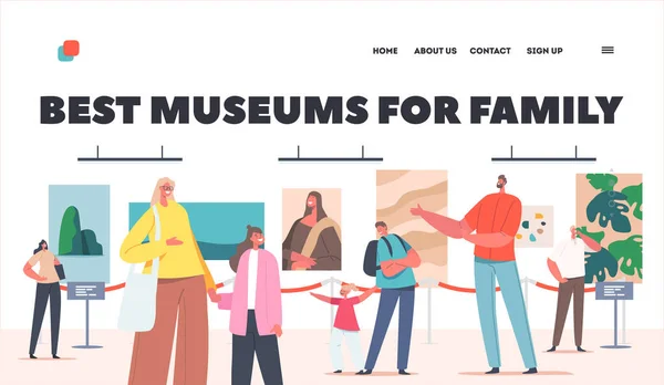 Migliori musei per famiglie Landing Page Template. Esposizione genitori visitatori con bambini Visualizzazione di dipinti famosi sulle pareti — Vettoriale Stock