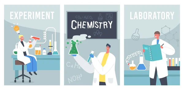 Crianças trabalhando e experimentando banners de laboratório de química. Crianças personagens estudam em sala de aula com tubos de teste —  Vetores de Stock