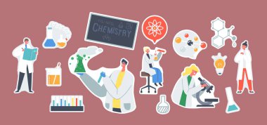 Etiketler Kimya Deneyi. Mikroskop, Not Defteri ve Test Tüpü, Öğretmen Tutucu Beaker