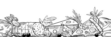 İtalyan Mutfak Yemeği Çerçevesi veya Sınır Çizimi, Pizza, Peynir ve Sarımsak, Bitki, Sosis ve Zeytin Çizimi