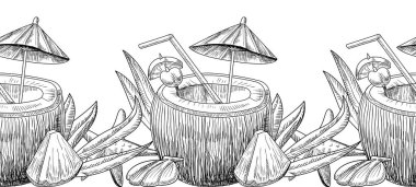 Coconut Cocktail Doodle Hand Tek Krom Çizim. Saman ve Şemsiyeyle Yaz Tazeleyici Fındık Kabuğu İçeceği
