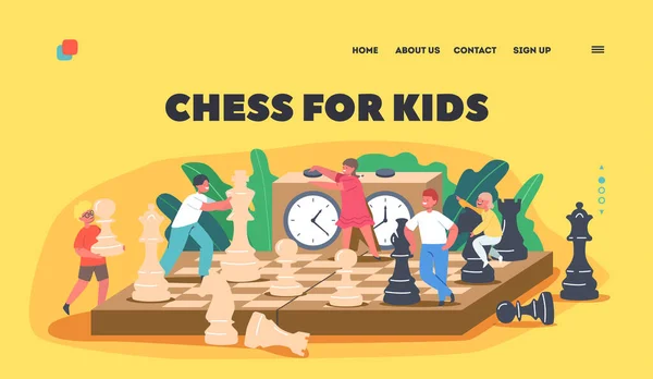 Chess for Kids Landing Page Template. Barn som leker med enorma figurer på schackbrädet njuter av Logik aktivitet och spel — Stock vektor