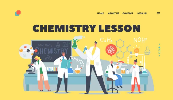 Modèle de page d'atterrissage de leçon de chimie. Des écoliers font des expériences en classe. Chercheurs Personnages en classe — Image vectorielle