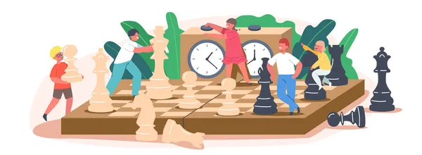 Дети играют в шахматы в клубе, маленькие дети с огромными фигурами на шахматной доске, наслаждаясь логической деятельности и игры — стоковый вектор