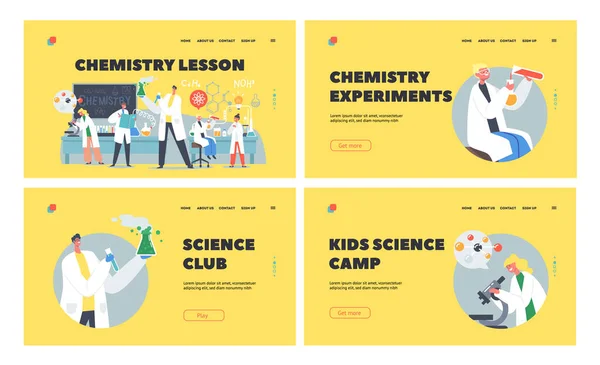 Chemistry Lesson Landing Page Template Set. Des écoliers font des expériences en classe. Chercheurs Personnages en classe — Image vectorielle