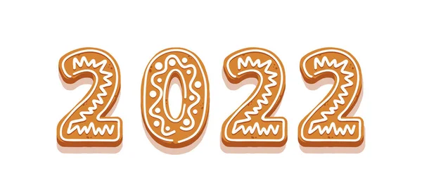 Gingerbread Cookies Number 2022, Festive New Year Ginger Bread Numerals, Sweet Dessert Font or Type. Xmas Digits — Stock Vector