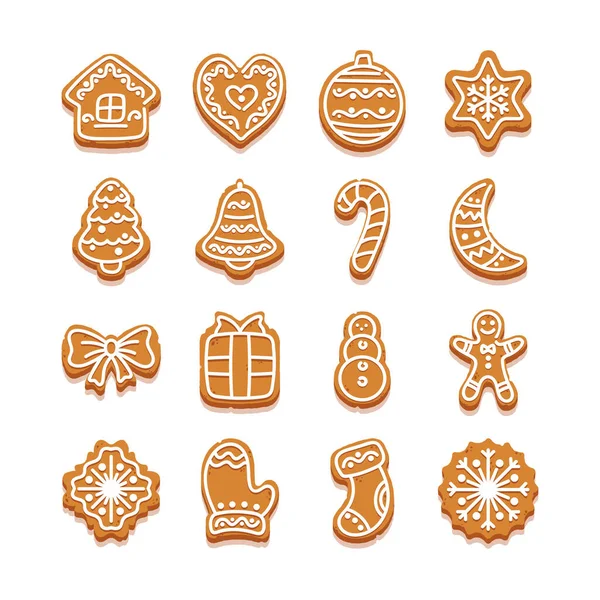 Biscoitos de Natal, padaria de gengibre, doces de desenhos animados em forma de estrela, árvore de abeto e coração, homem de gengibre e casa ou arco — Vetor de Stock