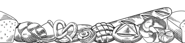 Хлеб и хлебобулочные изделия Рамка для еды, Ржаной хлеб, Ржаной хлеб или пшеничный хлеб и крендель. Плетеные булочки и французский багет — стоковый вектор