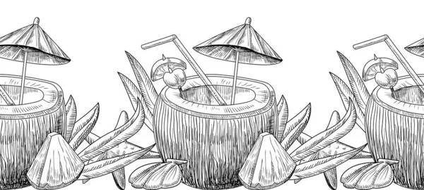 Coctel de coco Doodle Dibujo Monocromático Dibujado a Mano. Bebida refrescante de verano en cáscara de nuez con paja y paraguas — Vector de stock