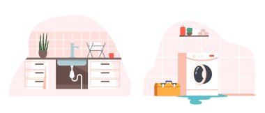 Boş Sel Banyo ve Mutfak İçi. Sızdıran Çamaşır Makinesi, Mobilya, Lavabo ve Aksesuarlar