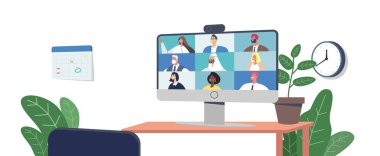 İşçi Webcam Grubu İş Arkadaşlarıyla Bilgisayar Ekranı Konferansı. İş Karakterleri, Ofis Çalışanları Video Konuşması