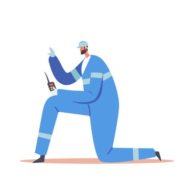 Hard Hat Hold Walkie 'deki Mimar Erkek Karakteri. Erkek Müteahhit İnşaat Alanının Mimarı