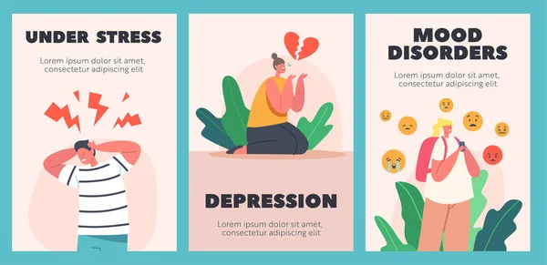 Cartazes de desenhos animados de depressão infantil. Personagem de crianças ansiosas deprimidas com dor de cabeça sentindo choro frustrado —  Vetores de Stock