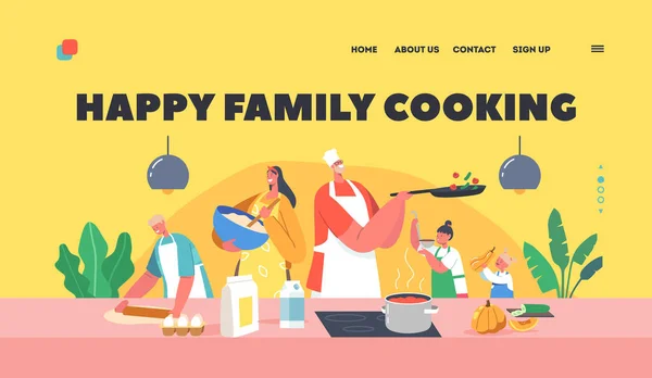 Happy Family Cooking Landing Page Template (em inglês). Pai, Mãe e Crianças na Cozinha Preparando Alimentos, Pais e Crianças —  Vetores de Stock