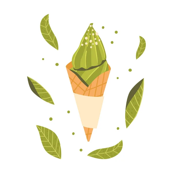 Matcha Tea Ice Cream w ikonie stożka gofrowego. Słodki kremowy deser o zielonym kolorze z lodami o smaku ziołowym z posypką — Wektor stockowy