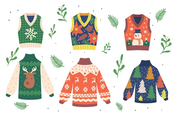 Set van Winter Xmas Pullovers met Funny Ornament Snowman, Snowflake of Deer. Traditionele kerst lelijke truien — Stockvector