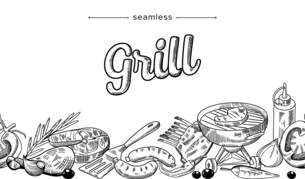 Grill Food Doodle patrón sin costuras. Dibujo monocromático con carne o filetes de pescado, Embutidos, Barbacoa, Turner — Vector de stock