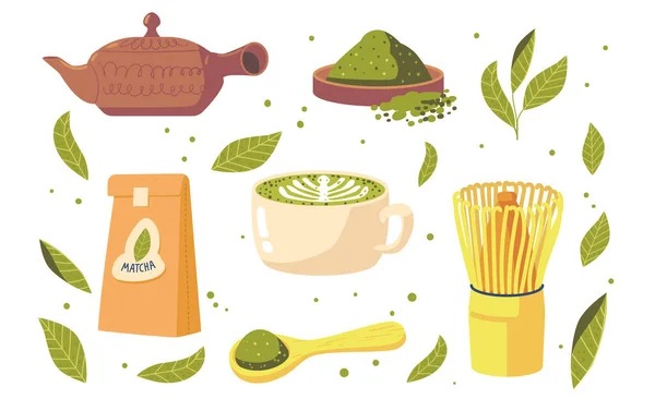 Set di prodotti da tè Matcha, tazza isolata con bevanda, polvere di tè, imballaggio, cucchiaio di bambù, frullato, teiera in ceramica — Vettoriale Stock