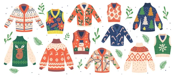 Set traditioneller Weihnachts-Hässlicher Pullover isoliert auf weißem Hintergrund. Gestrickter Winter-Weihnachtspullover mit lustigen Ornamenten — Stockvektor