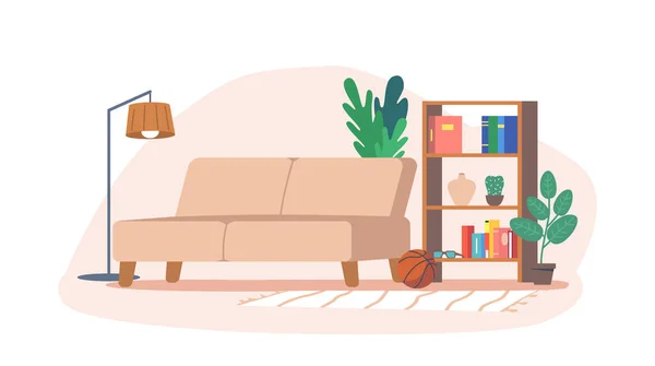 Salon intérieur avec mobilier et décoration. Canapé, étagère avec livres, plantes et lunettes, ballon de basket avec lampe — Image vectorielle