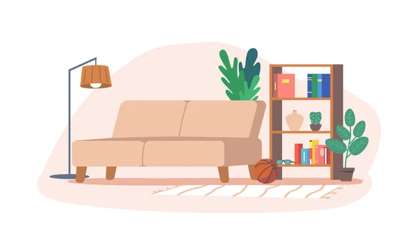 Salón Interior con Muebles y Decoración. Sofá, Estante con Libros, Plantas y Lentes, Baloncesto con Lámpara — Vector de stock