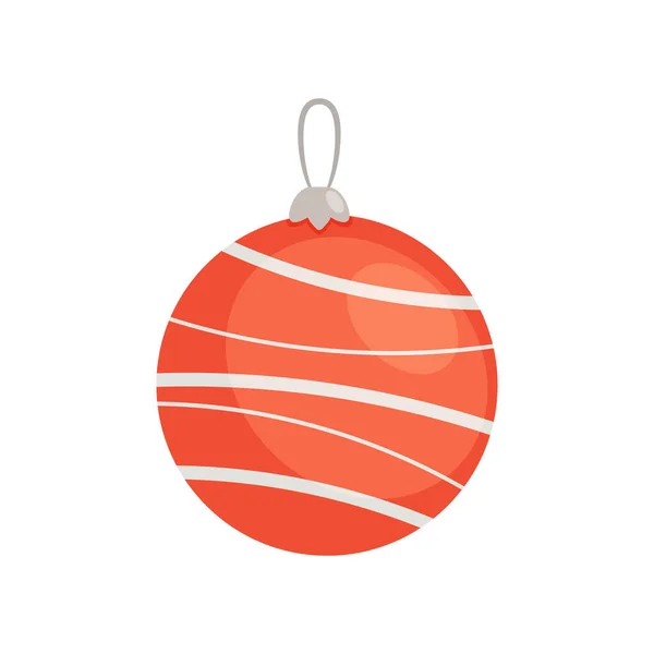 Kerstboom decoratie, kerstbal, rood speelgoed met strepen en lus voor opknoping geïsoleerd op witte achtergrond — Stockvector