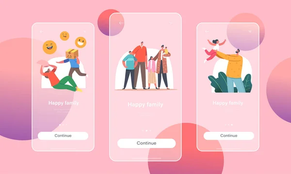 Pagina Happy Family Mobile App Modello a bordo dello schermo. Genitori e personaggi dei bambini che giocano in giro per la stanza, Home Fun — Vettoriale Stock