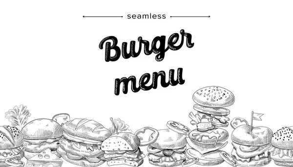 Skiss sömlös Burger Menu. Handritad hamburgare, ostburgare eller biffburgare Snabbmat Måltider, American Junk Snacks — Stock vektor