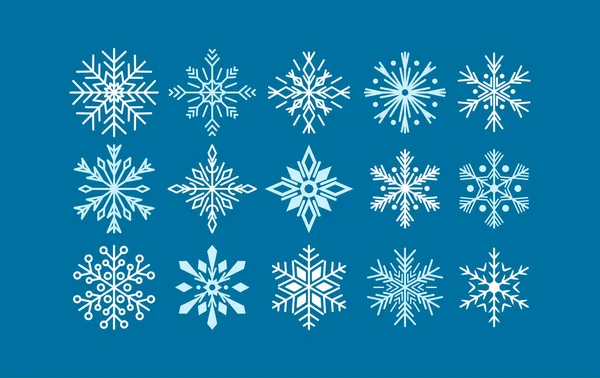 Set van diverse Fantasy Sneeuwvlokken op blauwe achtergrond. Kerst Winter vakantie sneeuw patroon, Decoratie — Stockvector