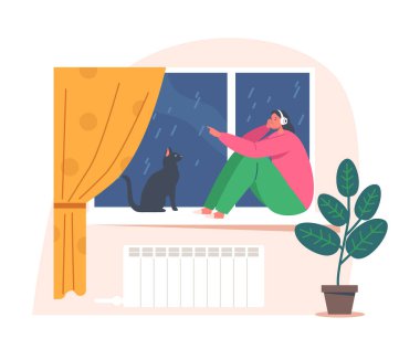 Bunalımlı Endişeli Kız Pencere kenarında Cat 'le Rainy Weather' da Müzik Dinliyor. Depresyondaki Gençler
