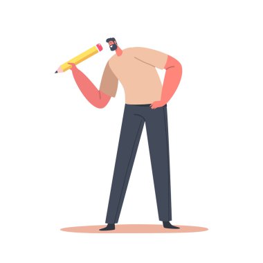 Beyaz Arkaplanda Büyük Kalem İzole Erkek Karakteri. Yazar, İşadamı, Sekreter veya Sanatçı Mesleği