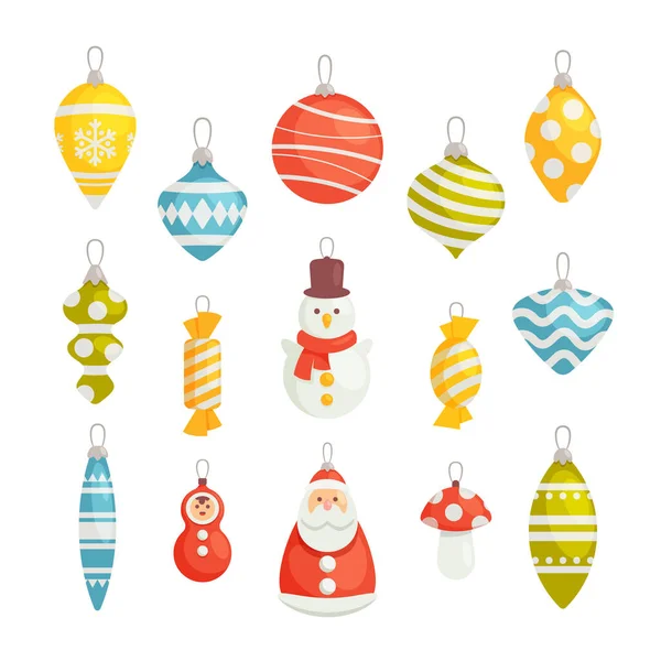 Set van verschillende kerstboom decoratie, geïsoleerde kerstballen en speelgoed glazen kerstman, sneeuwpop, snoep en ijspegels — Stockvector