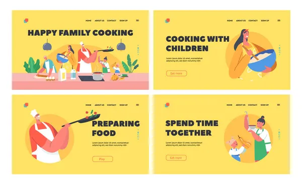 Happy Family Cooking Landing Page Set di modelli. Padre, mamma e bambini in cucina Preparazione Cibo, Vacanze nel weekend — Vettoriale Stock