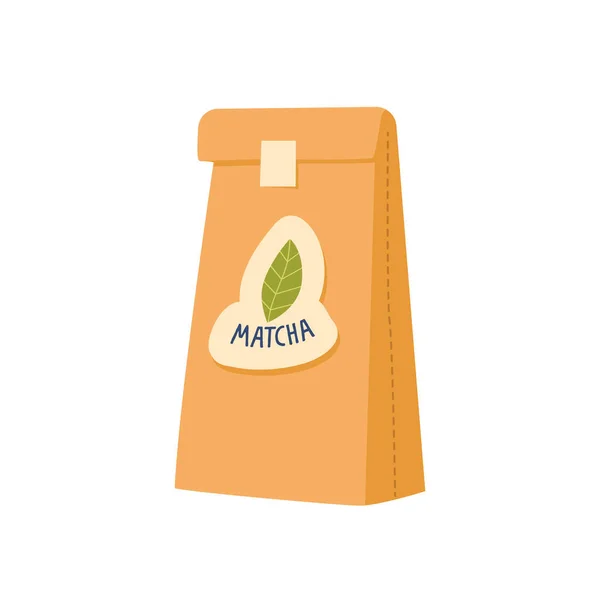 Matcha Tea Powder Package, sacchetto di carta realizzato in carta Kraft isolato su sfondo bianco. Prodotto biologico nel packaging — Vettoriale Stock