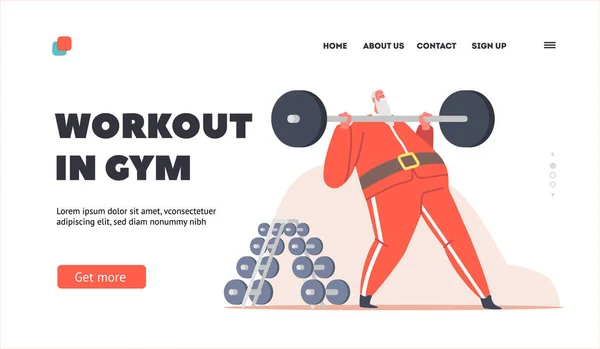 Santa Workout με Barbell στο Gym Landing Page πρότυπο. Αστείος ανώτερος χαρακτήρας Υγιεινός τρόπος ζωής, Powerlifting Sport — Διανυσματικό Αρχείο
