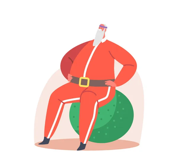 "Santa Doing Exercises on Fit Ball". Рождество в тренировочном корпусе красной спортивной одежды. Зимний отдых Спорт, здоровый образ жизни — стоковый вектор