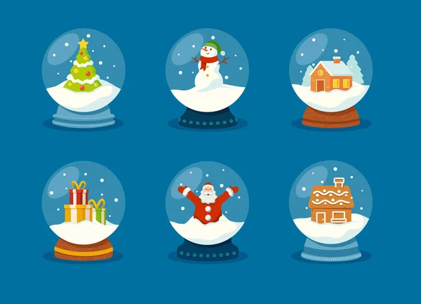 Set Schneekugel aus Glas, Weihnachtssouvenir isoliert auf blauem Hintergrund. Winter-Schneeball, magische Weihnachtskristallkugeln — Stockvektor