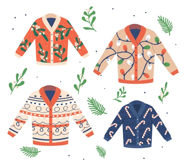 Set hässlicher Weihnachtspullover mit Zuckerrohr, Girlanden, Holy Berry Pattern. Traditionelle lustige Kleidung isoliert auf Weiß — Stockvektor